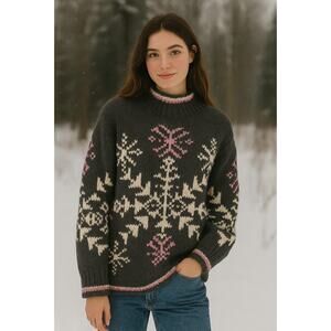 Woolrich 90s Snowflake Nordic Ski Sweater M Vintage Black Wool Crewneck